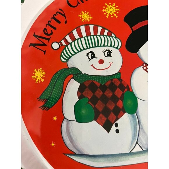 Vintage Snowman Couple Christmas Round Tin Tray, Retro Holiday Serving Dish, 12. - Picture 6 of 8